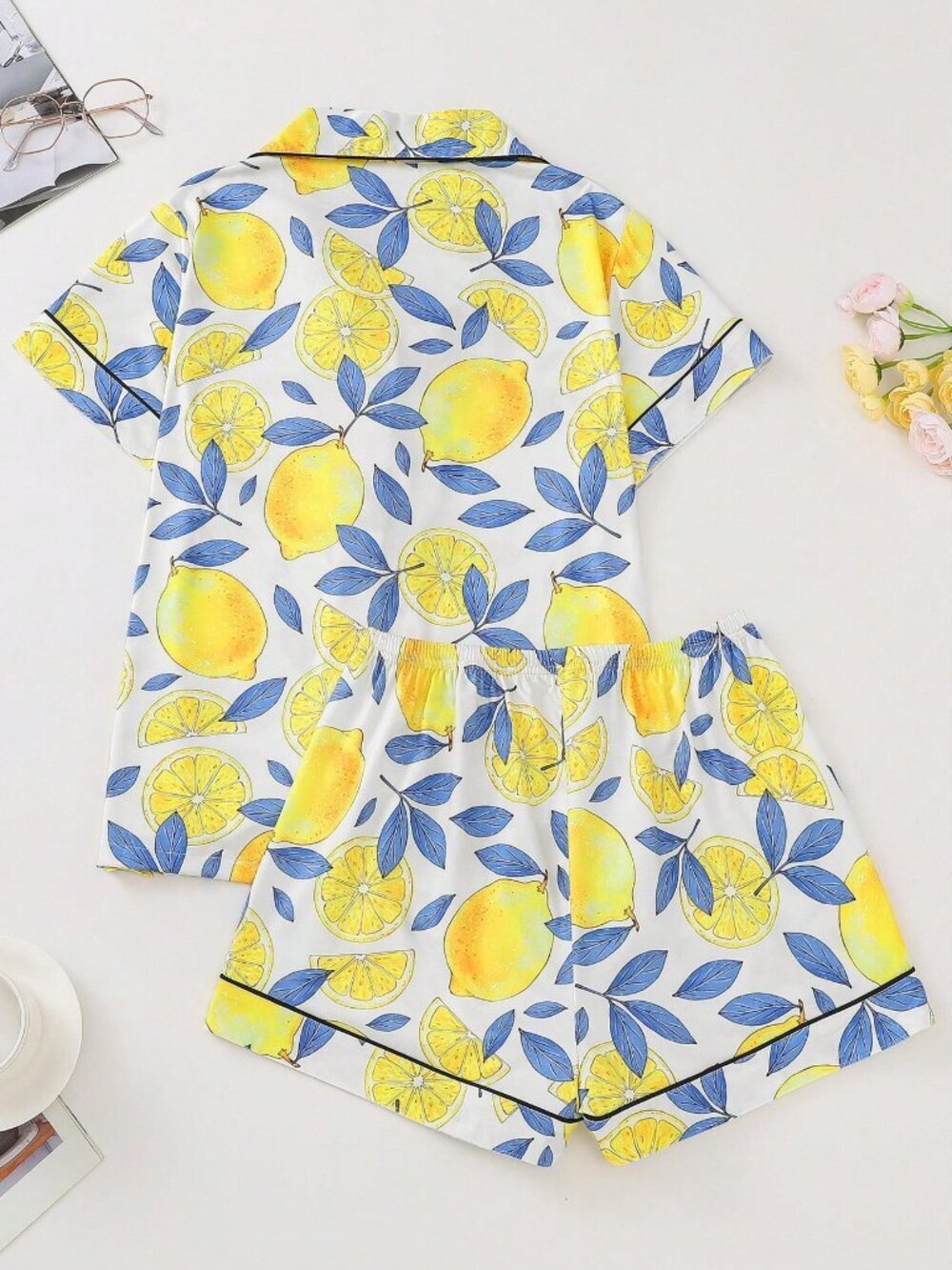 White Women's Lemon Print Pajama Sleeve Lapel Top and Shorts set - Picture 2 of 8